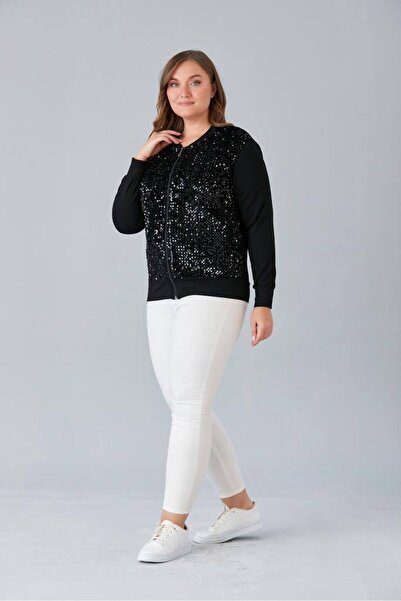 QUAWEAR Crew Neck Sequin Embroidered Zippered Combed Cotton Fabric Jacket