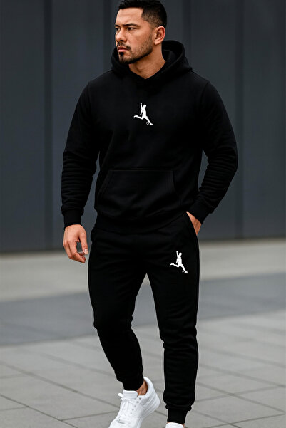 DEEPSENCE Men's Black Hooded Tracksuit Set Bottom Top Footballer Print