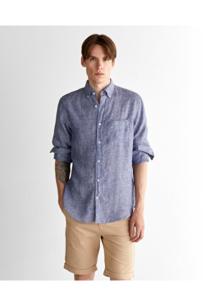 Gant Erkek Mavi Regular Fit Düğmeli Yaka Keten Gömlek