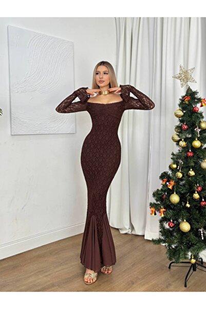 Misscix Kadın Dantel Balık Model Omzu Açık Abiye & Mezuniyet Elbisesi