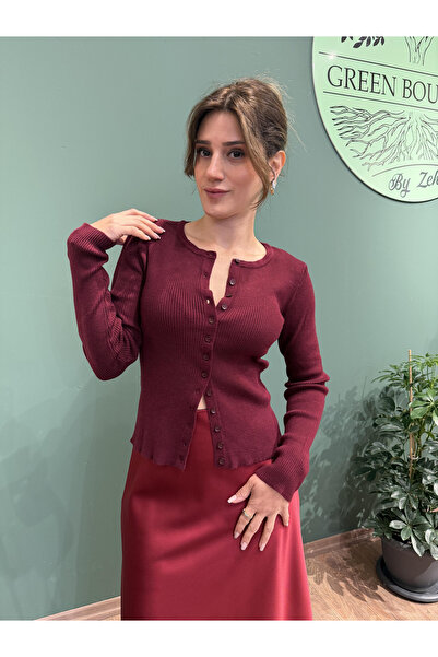 Greenboutique سترة تريكو رفيعة باللون الأحمر الداكن
