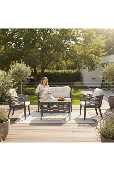 Tu Tienda ABANT ALÜMİNYUM İP ÖRGÜ 2 1 1 BAHÇE BALKON TAKIMI,GRİ İP ÖRGÜ/KREM KUMAŞ