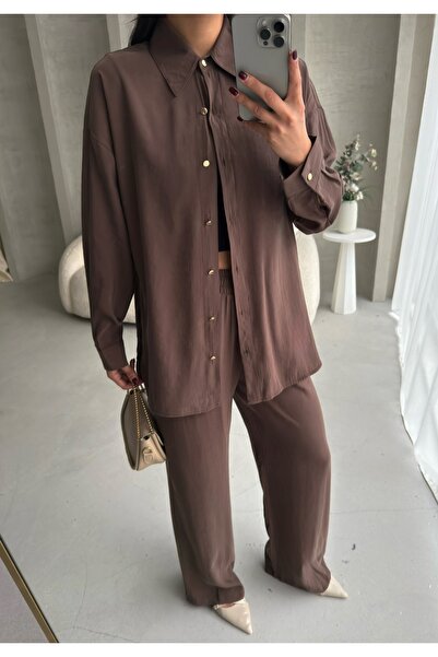 BEJNA Women's Brown Metal Button Detailed Flowy Silky Modal Bottom Top Set