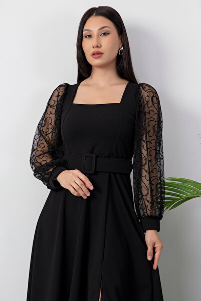 PULLIMM Square Neck Sleeves Flocking Belted Scuba Dress 2025-4374