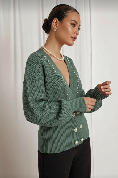 NEWCO Women's Green Pearl Knit Cardigan – V-Neck, Double Row Pearl Buttons, C...