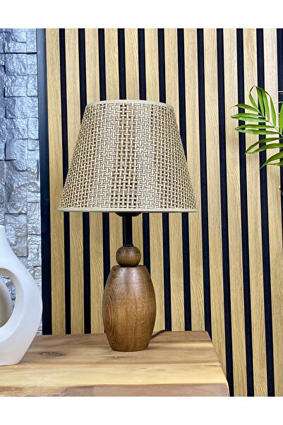 Decodelight نماذج مصابيح طاولة خشبية بلون الجوز مع قاعدة بيضاوية وغطاء من القش المطوي على طراز هازيران