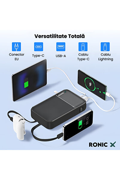 RONIC X Independent external battery 20,000mAH, PD 22.5W, 2 integrated cables, socket charging, adapter