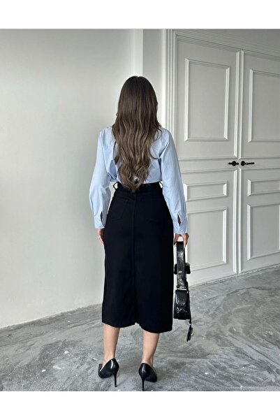 SHEVANE Women's 2.0.2.6 High-Waist Front Slit Laser Cut Midi-Length Linen Skirt (New Creation)