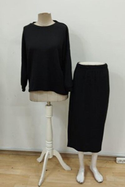 Mossta Round Neck Fleece-Lined Ribbed Knit Blouse Midi Skirt Two-Piece Set - Black