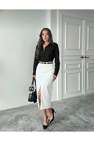 SHEVANE Women's 2.0.2.6 High-Waist Front Slit Laser Cut Midi-Length Linen Skirt (New Creation)