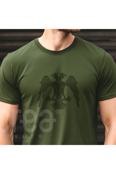 Crea Eymer Wear Selçuklu Kartal- Military Co Digital Printed Cotton Crew Neck T-Shirt Khaki - Khaki