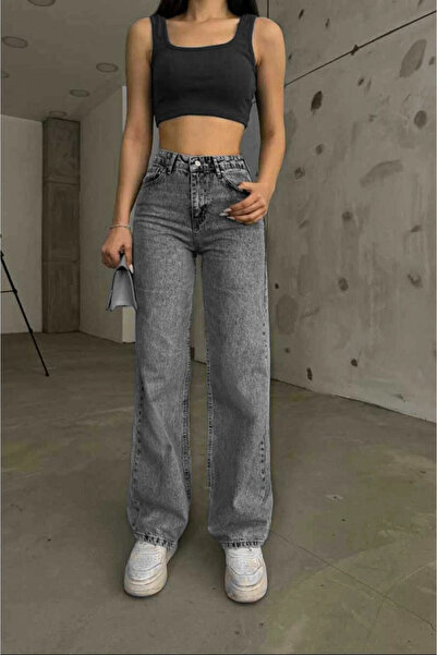 mooishan Ανθρακί Παντελόνι Παλάτσο Λικρά Ψηλόμεσο Χαλαρό Τζιν Νέα Σεζόν-5