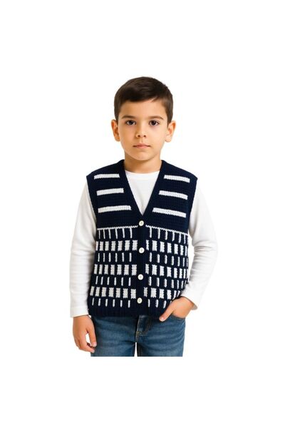 Uretti - Çiğdem 1390 1226 Hand-Knitted Striped Pattern Knit Vest - Age 8