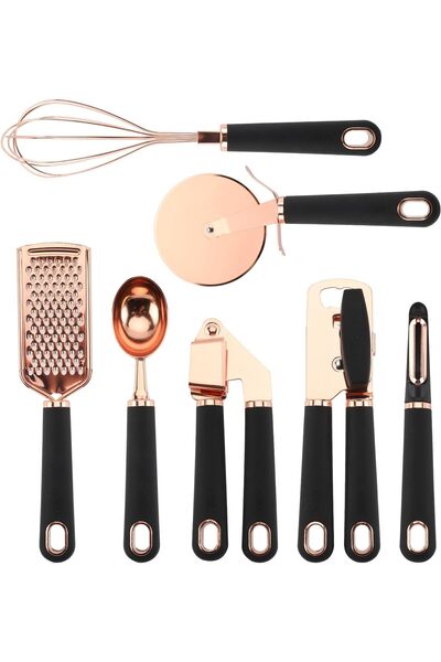 fulina Kitchen Gadget Set Copper Plated Stainless Steel Utensils with Soft Touch Handles, Black, 7 Pieces