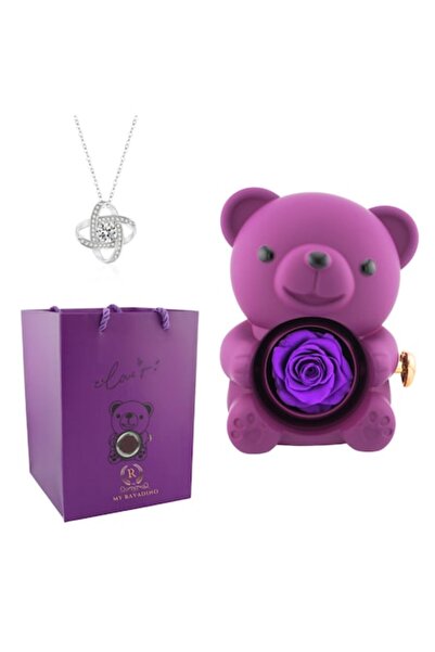 RAVADINO Ursuleț acrilic cu trandafir criogenat și lanț din argint cu pandantiv Infinity, MyRavadino™, violet