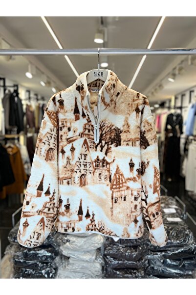 Mzr Collection KADIN DESENLİ PELUŞ FERMUARLI SWEATSHİRT