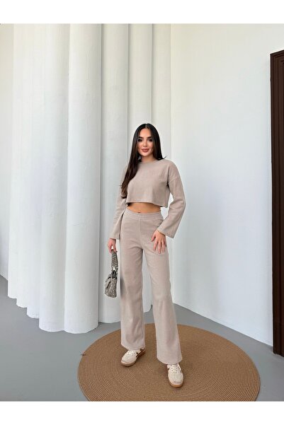 NEWORGINAL Γυναικείο Σετ Δύο Τεμαχίων με Μπλούζα και Παντελόνι από Χτενισμένο...