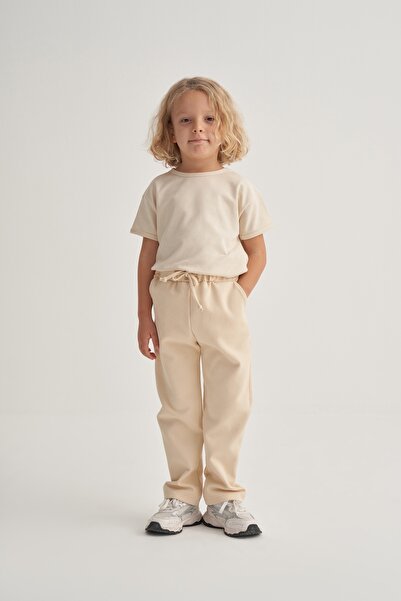 EBU Prive بنطلون انترلوك ذو قصة مستقيمة للأطفال للجنسين باللون البيج