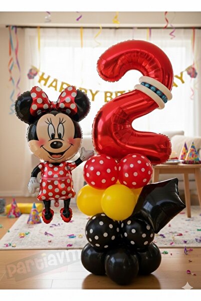 PARTİAVM 2 Yaş Kırmızı Rakam Balonlu Mickey Mouse Balon Seti Mini Miki Fare T...