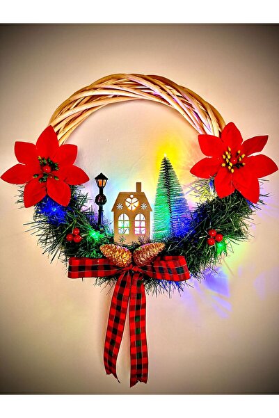 Home Bohem Handmade Noel Yılbaşı Temalı Led Işıklı Çam Ağaçı ve Ev Figürlü Dekoratif Kapı ve Duvar Süsü