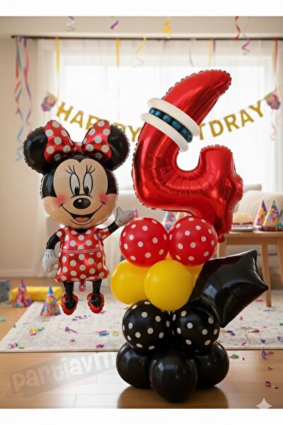 PARTİAVM 4 Yaş Kırmızı Rakam Balonlu Mickey Mouse Balon Seti Mini Miki Fare T...