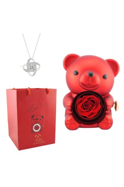 RAVADINO Ursuleț acrilic cu trandafir criogenat și lanț din argint cu pandantiv Infinity, MyRavadino™, roșu