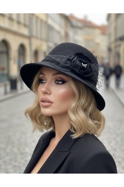 sf collection Women's Vintage Flared Cloche Felt Bowler Hat