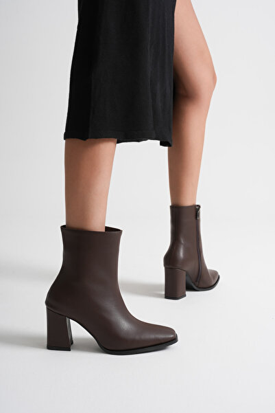 Zerenyus Mue premium women's dark brown chunky heel zip-up boots