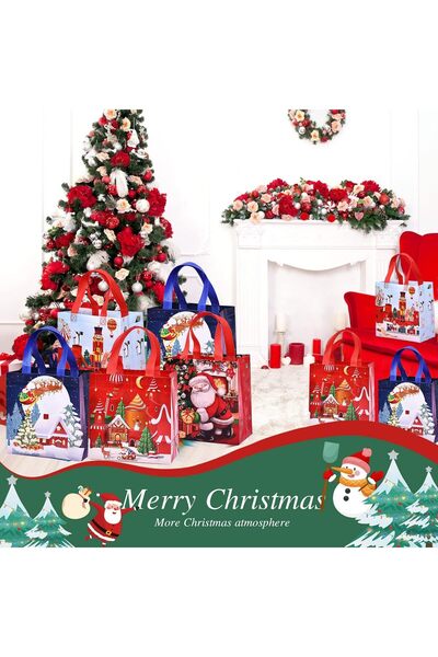 Generic 16 Pcs Non Woven Christmas Gift Bags Reusable Tote with Handles Waterproof Santa Snowman Treat Bag