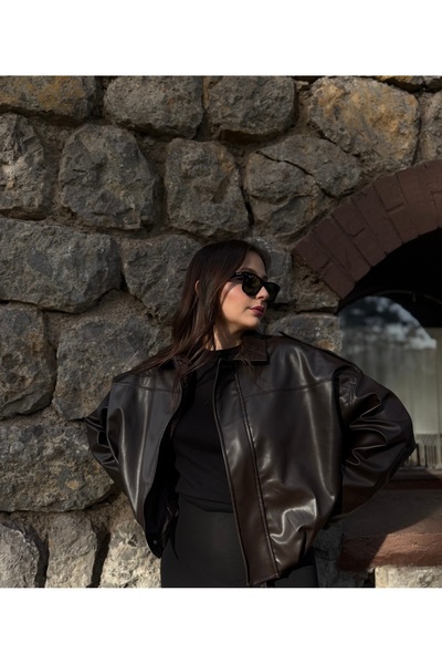 NET OF NOT Yeni Sezon Oversize Bomber Kadın Acı Kahve Biker Deri Ceket