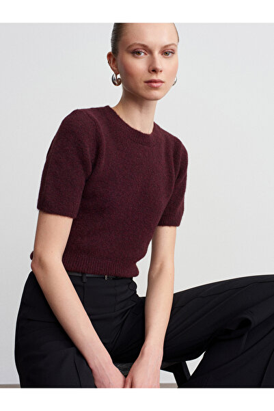 Dilvin 10651 Wool Blend Short Sleeve Knitwear Sweater-Dark Burgundy