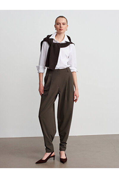 Dilvin 72228 Pileli Kumaş Pantolon-Haki