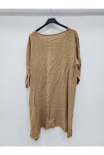 della moor Women's Camel Italian Deep Side Y Slit Long Linen Tunic