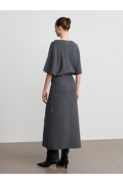 Dilvin 90266 Wool Blend Boat Neck Belted Knit Dress-Smoke M.