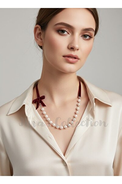 Cash Trade Bordo Kadife Fiyonk/ Kurdele Bijuteri İnci Kolye