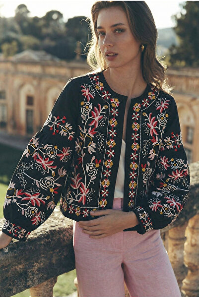 FEMELLE Women's Black Balloon Sleeve Embroidered Cotton Jacket