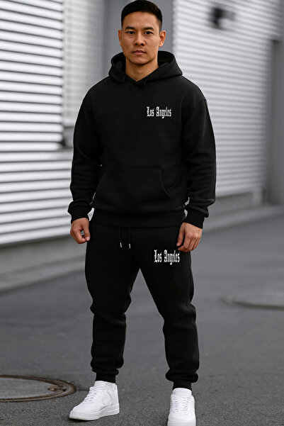 DEEPSENCE Ανδρικό σετ φόρμας με μαύρη κουκούλα και μπλούζα με στάμπα Los Ange...