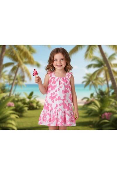 İDO Rochie albă pentru fete I Do cu inimioare roz, bretele cu volane, 98-104 cm