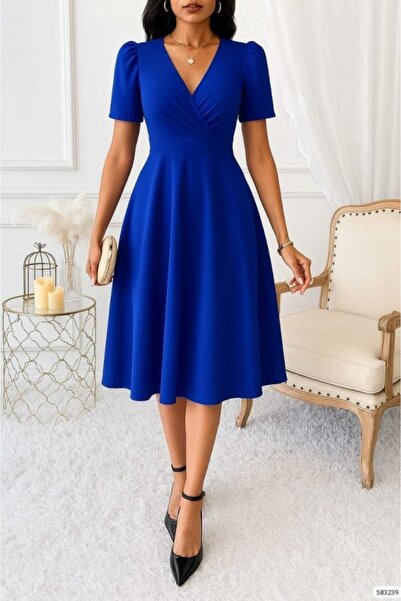 Vanceti Women's Double Breasted Collar Short Sleeve Midi Length Crepe Fabric Dress