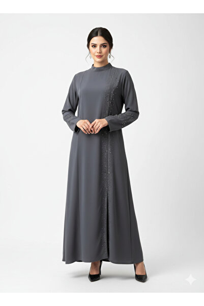 wishne AÇIK GRİ- GRİ TAŞ İŞLEMELİ TESETTÜR ABİYE FERACE ŞIK ÖZEL GÜN DAVET ELBİSESİ