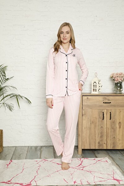 ALİMER Women's Pink White Striped Front Button Shirt Collar Long Sleeve Transitional Cotton Pajamas Set