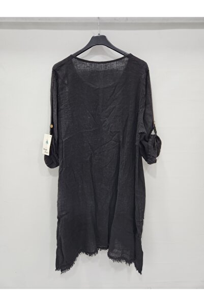 della moor Women's Black Italian Deep Side Y Slit Long Linen Tunic