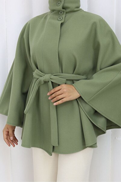 Rema Water-Repellent Imported Chestnut Fabric with Belt and Button Detail Poncho