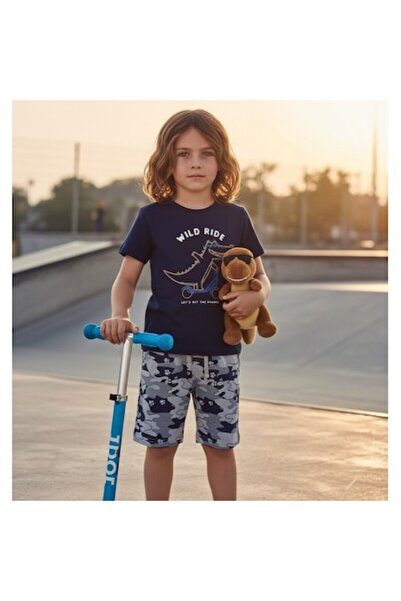İDO I Do - Boys' set: navy T-shirt with dinosaur, camouflage shorts, 104-110 CM