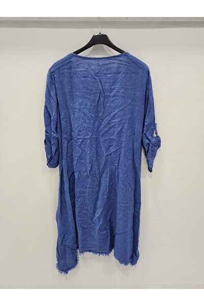 della moor Women's Blue Italian Deep Side Y Slit Long Linen Tunic