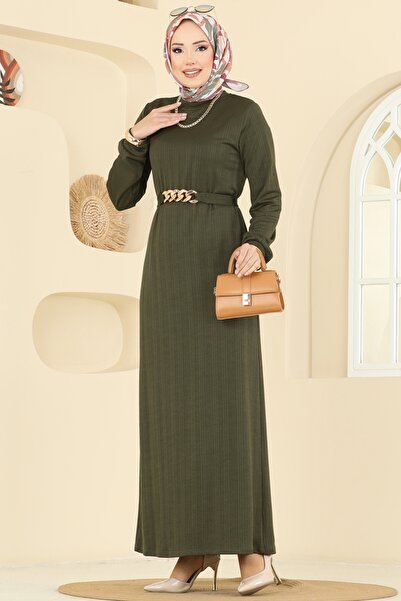 ModaMerve Beli Kemerli Burgu Elbise 8020UZ662-MS Haki