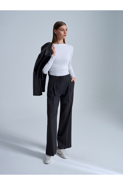 Dilvin 72221 Waist-Tied Fabric Trousers-Anthracite