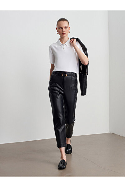 Dilvin 72226 Pantaloni din piele artificială cu talie înaltă cu centură-negru