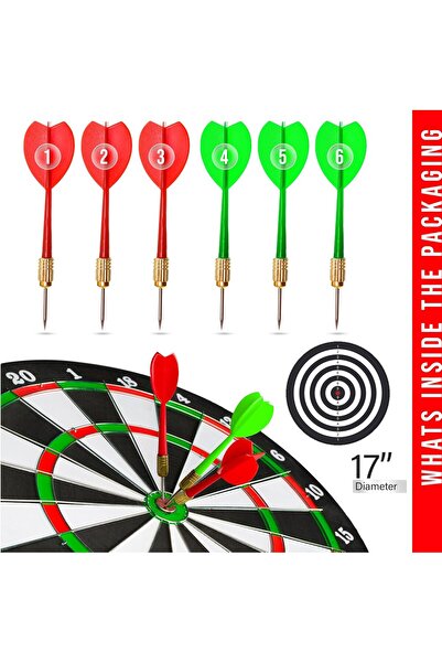 genric 17 inch Dart Board Set, Double Sided Usable Dartboard with 6 Golden Metal Tip Darts