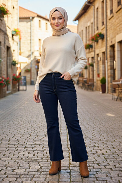 Lale Butik Flared Jeans Trousers 2663 Dark Navy Blue